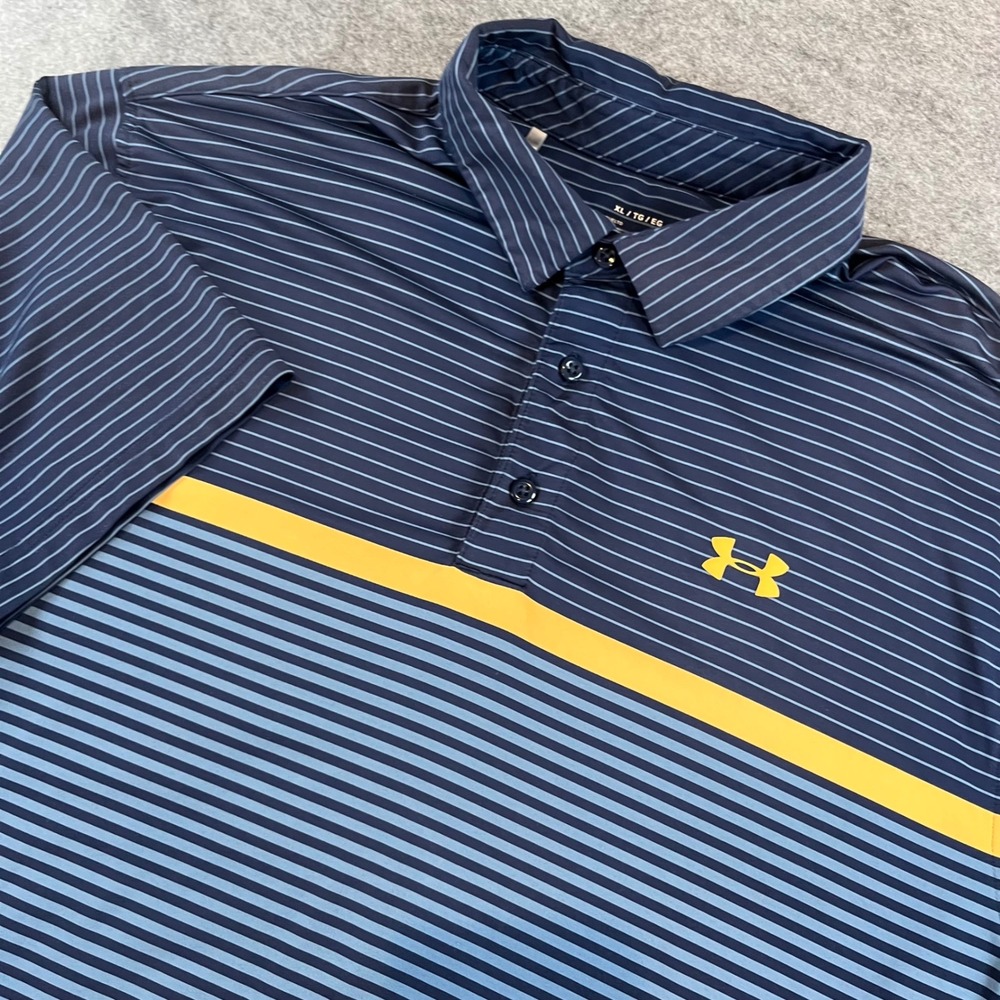 Under Armour Mens HeatGear‎ Polo Navy Blue Striped Golf Activewear XL Loose Fit